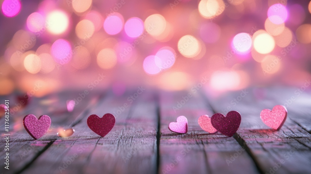 Poster a wooden table surface with a soft gradient of pink and lavender bokeh lights in the background, cre