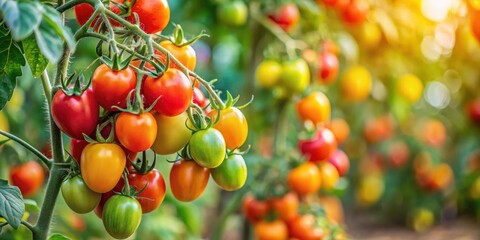 Obraz premium Vibrant tomato plant in a garden with various colorful tomatoes, garden, vegetables, garden, vegetables, fruit