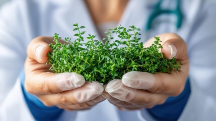 Hands holding fresh green plant in laboratory environment