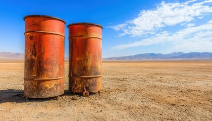 Two rusty barrels standing in a vast, dry landscape under a bright blue sky, highlighting environmental neglect and desolation.