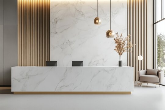 Stylish minimalist interior of a hotel lobby or reception area for a beauty salon, spa or private medical clinic with a marble counter