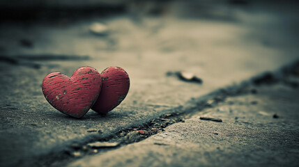 Fototapeta premium Weathered red heart resting on a rough and textured pathway, symbolizing resilience and enduring love. 