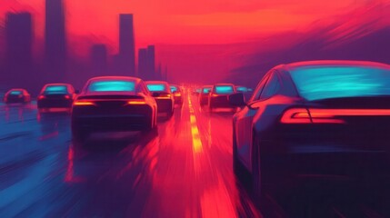 Artistic depiction of electric cars glowing with renewable energy during a peak rush hour