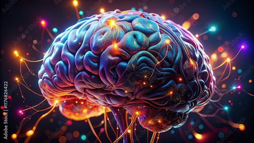Poster abstract 3d render of brain, low light, neural network, cyberpunk style