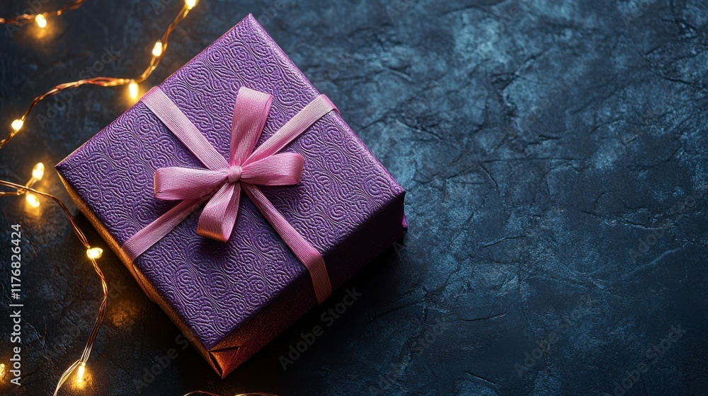 Poster top down view of a small glossy purple square gift box with embossed patterns, placed on a textured 