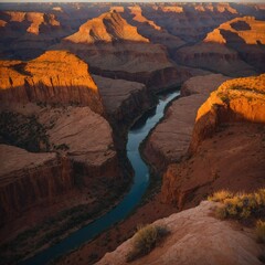 A canyon glowing orange in the soft light of dawn.