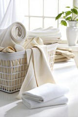 Basket of neatly stacked towels and blankets in a bright, airy laundry room with plants
