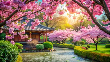 Fototapeta premium Cherry blossoms in full bloom amidst lush greenery and vibrant colors in a serene Asian garden landscape, spring flowers asian garden, Asia
