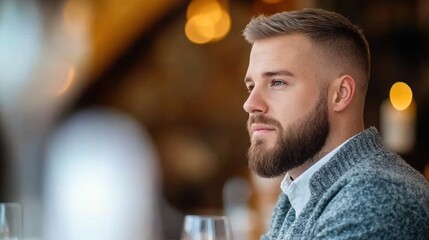 Portrait of a young caucasian male with beard in thoughtful pose