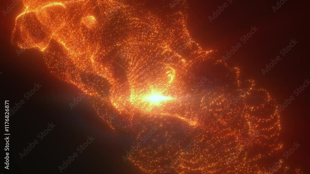 Poster a striking abstract visual of flowing orange and red particles forming a fiery energetic pattern ill
