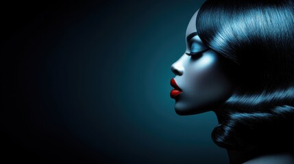 Fototapeta premium Elegant profile of african female with glossy hair and red lips in dark background