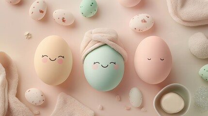 gentle pastel Easter eggs in a spa setting, each egg has a soft towel wrap on top, delicate hand-drawn smiles, and soothing face masks or eye patches. Creative cute promotion for Holiday