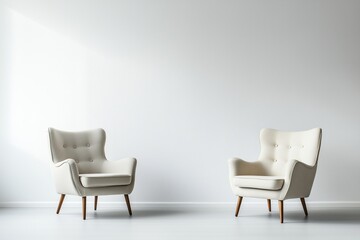 Fototapeta premium Two modern armchairs stand alone in a sleek, minimalist studio setting, surrounded by neutral background, ideal for adding text or graphics, evoking a professional meeting atmosphere. 