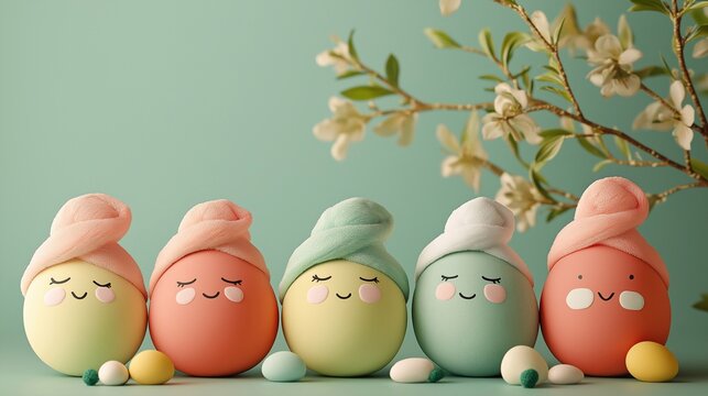 gentle pastel Easter eggs in a spa setting, each egg has a soft towel wrap on top, delicate hand-drawn smiles, and soothing face masks or eye patches. Creative cute promotion for Holiday - Powered by Adobe