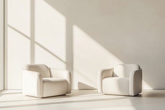 Two modern armchairs stand alone in a sleek, minimalist studio setting, surrounded by neutral background, ideal for adding text or graphics, evoking a professional meeting atmosphere. 