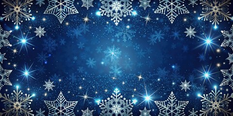 Delicate snowflake-patterned border on a dark blue background with twinkling stars in a night sky setting, galaxy