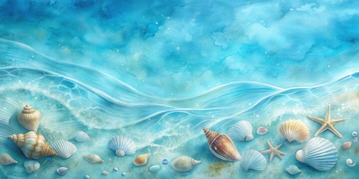 Soothing ocean waves in soft blue watercolor background, with gentle ripples and a few sea shells scattered about, ocean waves, beautiful blue watercolor