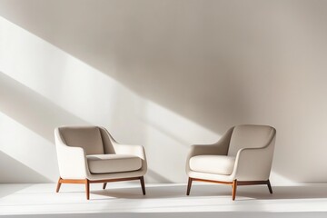 Two modern armchairs stand alone in a sleek, minimalist studio setting, surrounded by neutral background, ideal for adding text or graphics, evoking a professional meeting atmosphere. 