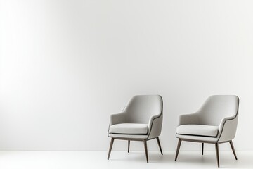 Two modern armchairs stand alone in a sleek, minimalist studio setting, surrounded by neutral background, ideal for adding text or graphics, evoking a professional meeting atmosphere. 