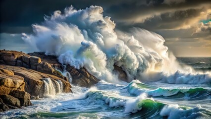 Fototapeta premium Powerful Atlantic Ocean wave crashes against rocky coastline during severe storm , crashing waves