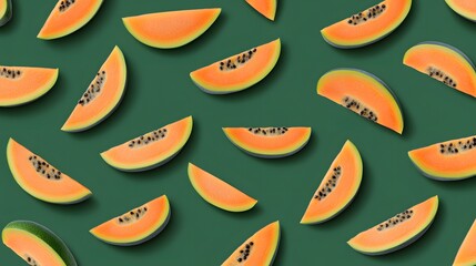 Sweet Papaya Slices on Green Background