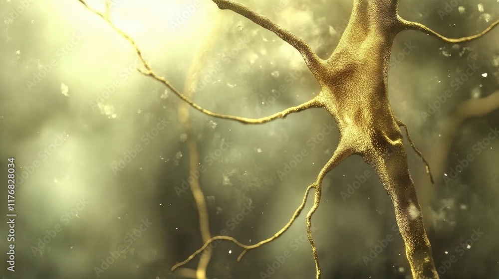 Poster detailed microscopic view of a nerve cell neuron with dendrites in soft glow