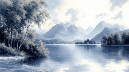 Fototapeta premium Serene lake, mountains, trees, tranquil landscape.