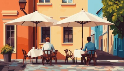 Travelers sipping coffee at a quaint European cafe, the charm of simple journeys