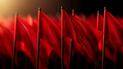 Field of waving red flags in soft sunlight