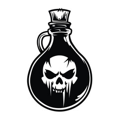 Black and white potion bottle with a skull-shaped liquid inside.