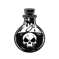 Black and white potion bottle with a skull-shaped liquid inside.