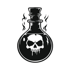 Black and white potion bottle with a skull-shaped liquid inside.