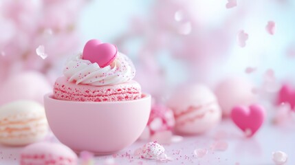 Sweet pink macarons and cupcake with heart decoration