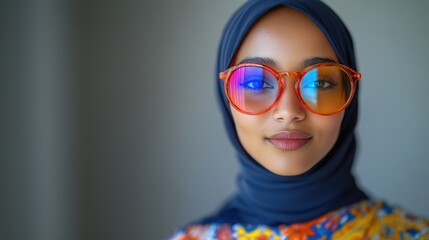 Portrait of a young woman in stylish glasses and a bright hijab. The beauty of tradition in a modern style.
