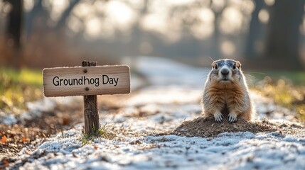A groundhog emerged from a hole, there was snow in the background, and next to him there was a wooden sign that said "Groundhog Day."	