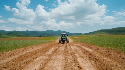 Naklejka premium Tractor plowing field, rural landscape, sunny day, agriculture