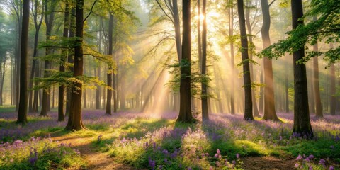 Fototapeta premium A misty morning in a forest with tall trees and wildflowers, illuminated by warm sunlight that filters through the canopy , wildflowers, misty morning