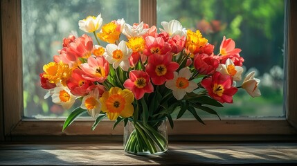 A bouquet of fresh tulips and daffodils in a vase against a window. Spring flowers tulips and daffodils create a festive mood.	