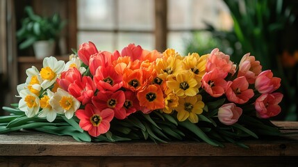 Spring flower arrangement with tulips and daffodils on a wooden table. Spring flowers tulips and daffodils.	
