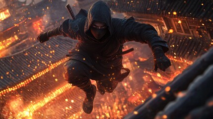 Dynamic Ninja in Action Amidst a Fiery Urban Landscape, A ninja leaps through a fiery urban