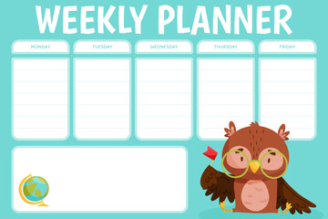 Weekly Planner with Smart Owl Character as Forest Animal Vector Template