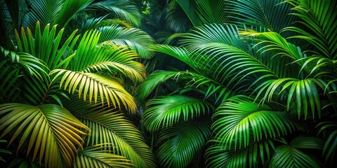 Deep green palm leaves dominate, a vibrant, full-frame tropical garden closeup.