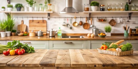 Wooden table top view with products arranged for product montage over blurred kitchen interior background , home decor, functional use