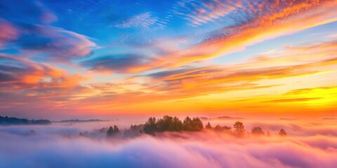 Fototapeta premium Soft pink and orange hues of sunrise sky with gentle clouds and a hint of blue mist , orange hues, sky