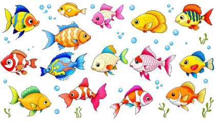 Fototapeta premium Colorful Cartoon Fish Swimming in an Underwater Scene with Bubbles and Plants