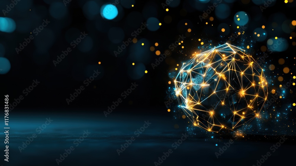 Poster glowing digital sphere in dark space with network connections