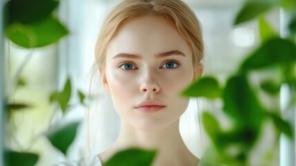 Fototapeta premium Caucasian young female with blonde hair surrounded by green leaves in bright natural setting