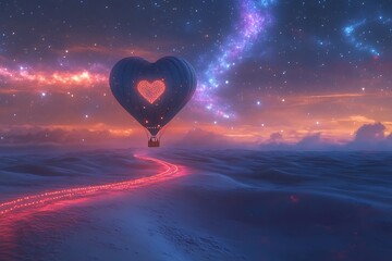 "Heart Shaped Hot Air Balloon Floating at Sunset with Starry Sky – Romantic Fantasy Landscape for Valentine's Day, Love Travel, Dreamy Sky Adventure, Couple Escape or Surreal Background Design"