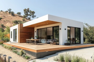 Modern tiny home with wooden deck, white walls, and outdoor dining area overlooking backyard, hillside view. Contemporary architecture, small cabin design.