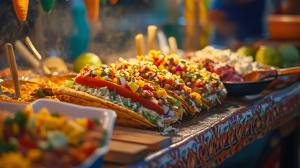 Colorful taco stand offers a variety of fresh toppings and flavors at a lively market